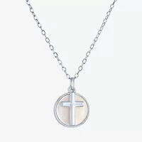 Womens White Mother Of Pearl Sterling Silver Cross Round 15 Inch Pendant Necklace