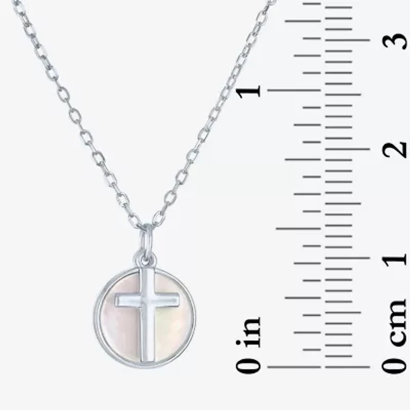 Womens White Mother Of Pearl Sterling Silver Cross Round 15 Inch Pendant Necklace