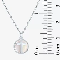 Womens White Mother Of Pearl Sterling Silver Cross Round 15 Inch Pendant Necklace