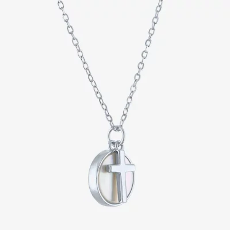 Womens White Mother Of Pearl Sterling Silver Cross Round 15 Inch Pendant Necklace