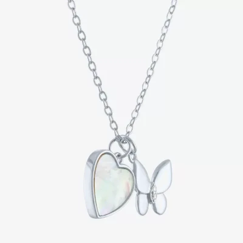 Womens White Mother Of Pearl Sterling Silver Butterfly Heart 15 Inch Pendant Necklace