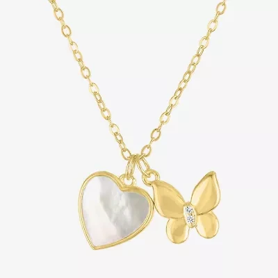 Womens White Mother Of Pearl Sterling Silver Butterfly Heart 15 Inch Pendant Necklace