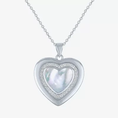 Womens White Mother Of Pearl Sterling Silver Heart 16 Inch Pendant Necklace
