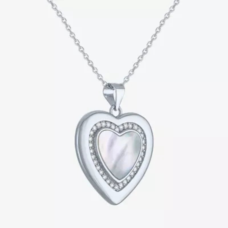 Womens White Mother Of Pearl Sterling Silver Heart 16 Inch Pendant Necklace