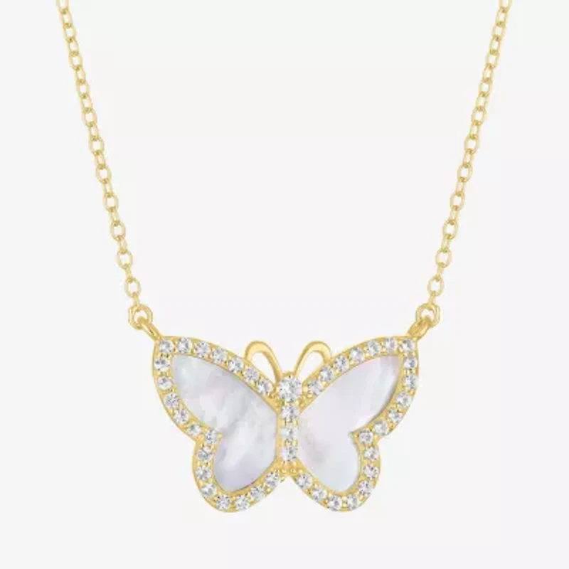Womens White Mother Of Pearl 14K Gold Over Silver Butterfly 16 Inch Pendant Necklace