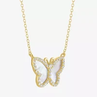 Womens White Mother Of Pearl 14K Gold Over Silver Butterfly 16 Inch Pendant Necklace