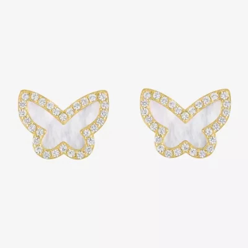 White Mother Of Pearl 14K Gold Over Silver 9mm Butterfly Stud Earrings