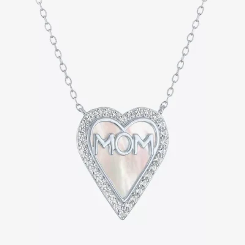 "Mom" Womens White Mother Of Pearl Sterling Silver Heart 16 Inch Pendant Necklace