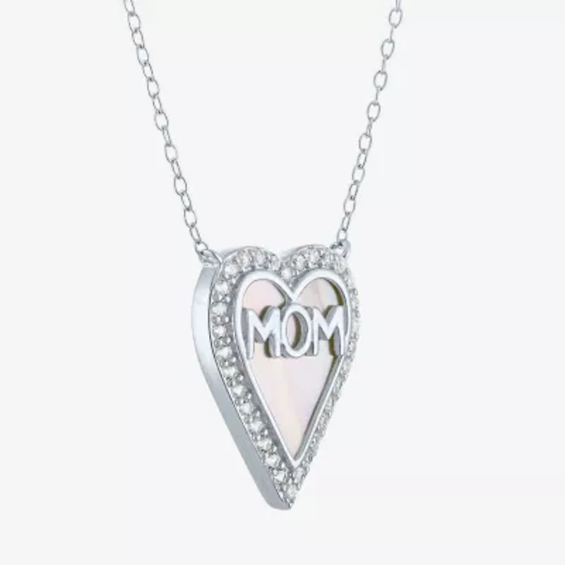 "Mom" Womens White Mother Of Pearl Sterling Silver Heart 16 Inch Pendant Necklace