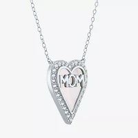 "Mom" Womens White Mother Of Pearl Sterling Silver Heart 16 Inch Pendant Necklace