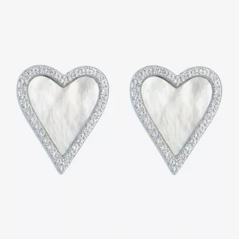 White Mother Of Pearl Sterling Silver 15mm Heart Stud Earrings