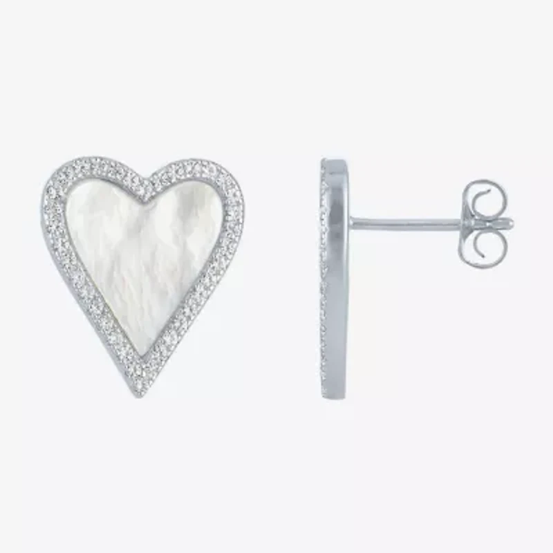 White Mother Of Pearl Sterling Silver 15mm Heart Stud Earrings