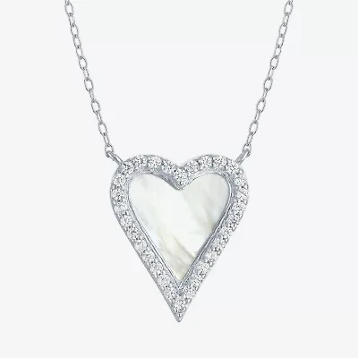 Womens White Mother Of Pearl Sterling Silver Heart Inch Pendant Necklace