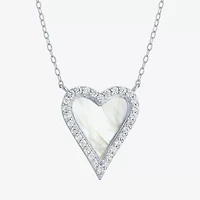 Womens White Mother Of Pearl Sterling Silver Heart Inch Pendant Necklace