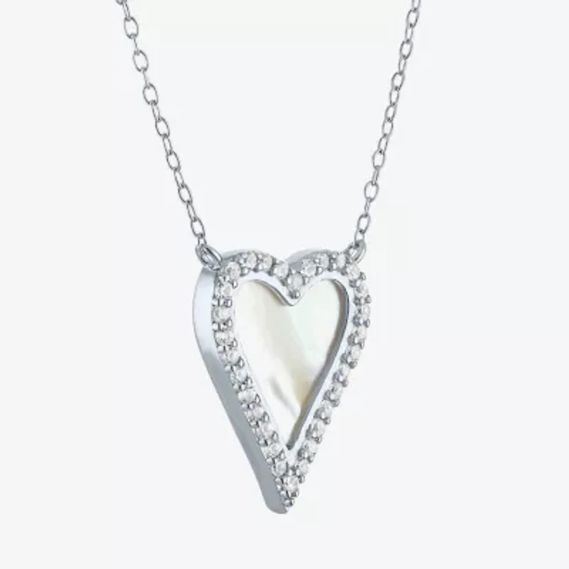 Womens White Mother Of Pearl Sterling Silver Heart Inch Pendant Necklace