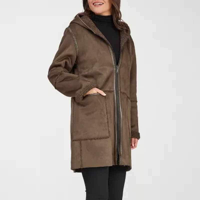 Frye and Co. Womens Faux Leather Hooded Midweight Coat