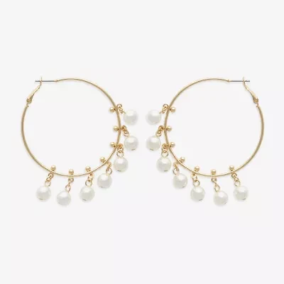 Bijoux Bar Gold Tone Womens Simulated Pearl 53.1mm Hoop Earrings