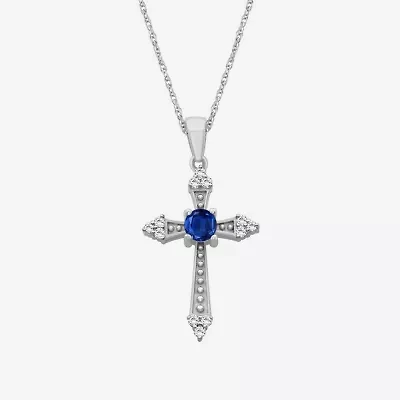 Womens Diamond Accent Gemstone 10K White Gold Cross 18 Inch Pendant Necklace