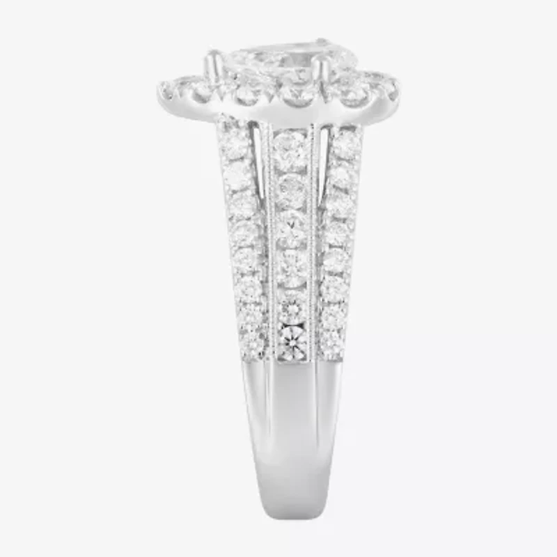 (F / Vs2) Womens 2 1/4 CT. T.W. Lab Grown White Diamond 14K Gold Pear Side Stone Bypass  Engagement Ring