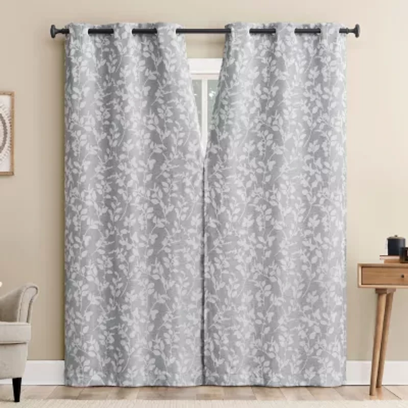 Sun Zero Glynn Gaia Woven Floral Magnetic Closure Grommet Top Energy Saving 100% Blackout Set of 2 Curtain Panel