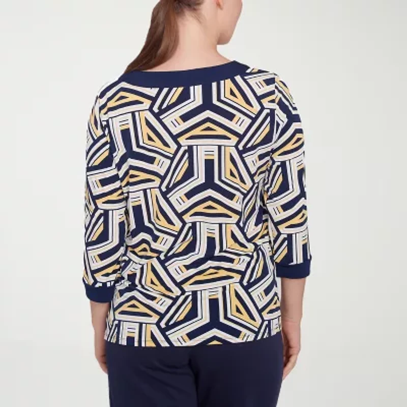 Alfred Dunner Block Island Womens Split Crew Neck 3/4 Sleeve T-Shirt