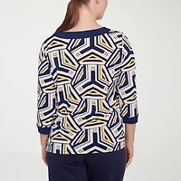 Alfred Dunner Block Island Womens Split Crew Neck 3/4 Sleeve T-Shirt