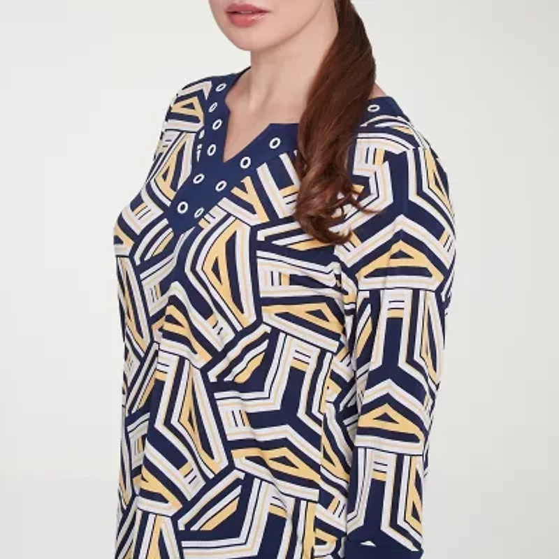 Alfred Dunner Block Island Womens Split Crew Neck 3/4 Sleeve T-Shirt