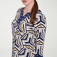 Alfred Dunner Block Island Womens Split Crew Neck 3/4 Sleeve T-Shirt