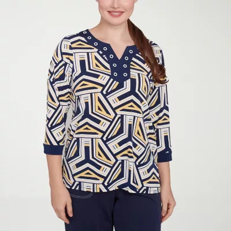 Alfred Dunner Block Island Womens Split Crew Neck 3/4 Sleeve T-Shirt