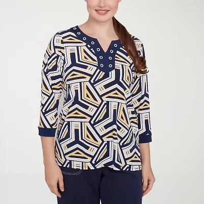Alfred Dunner Block Island Womens Split Crew Neck 3/4 Sleeve T-Shirt