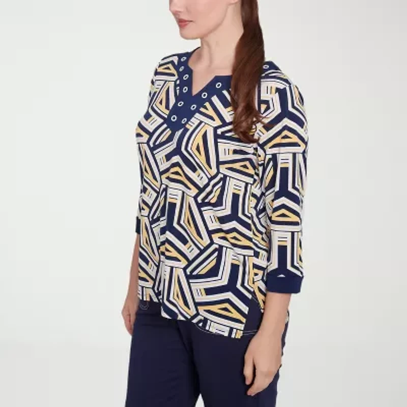 Alfred Dunner Block Island Womens Split Crew Neck 3/4 Sleeve T-Shirt