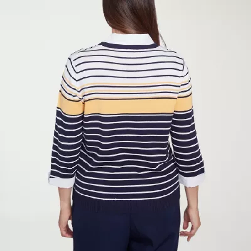 Alfred Dunner Block Island Womens 3/4 Sleeve Striped Layered Sweater