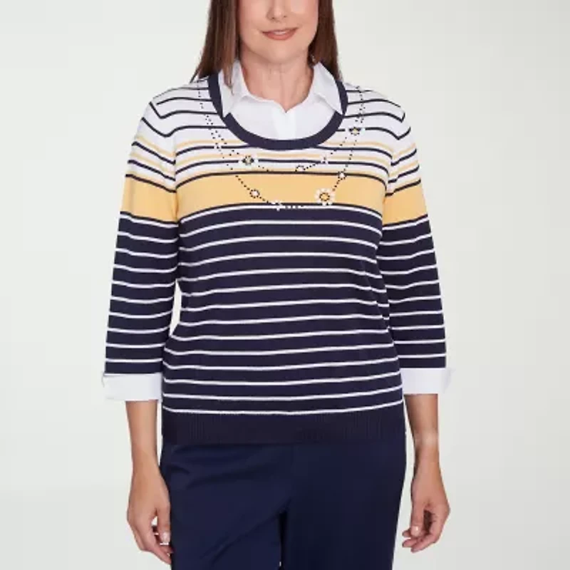 Alfred Dunner Block Island Womens 3/4 Sleeve Striped Layered Sweater