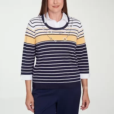 Alfred Dunner Block Island Womens 3/4 Sleeve Striped Layered Sweater