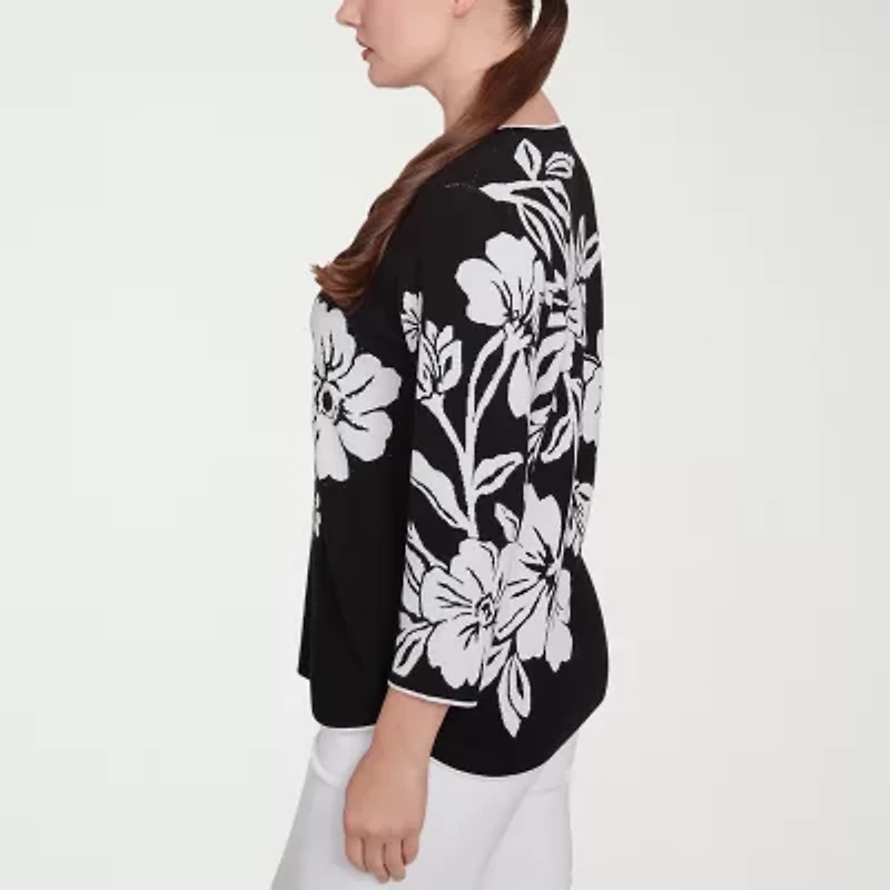 Alfred Dunner Wild At Heart Womens Crew Neck 3/4 Sleeve Floral Pullover Sweater