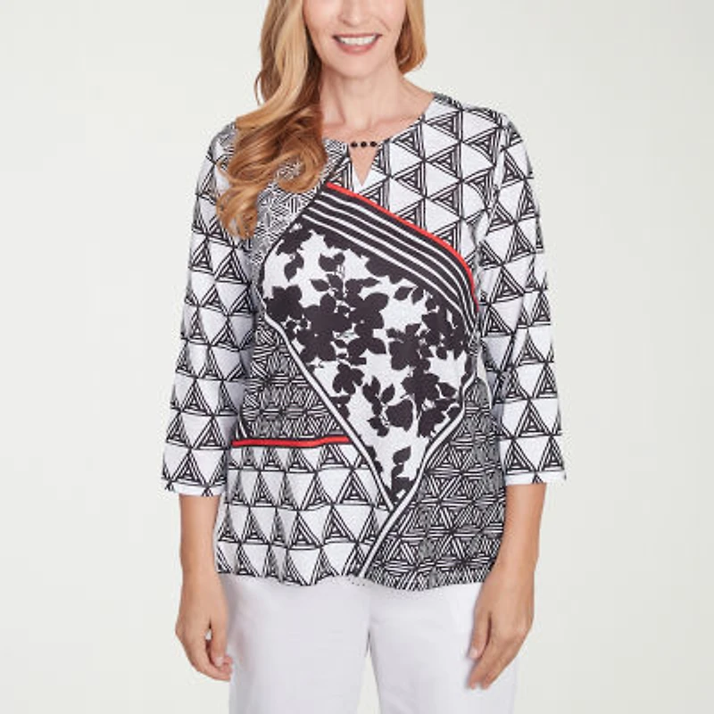 Alfred Dunner Wild At Heart Womens Split Crew Neck 3/4 Sleeve T-Shirt