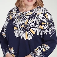 Alfred Dunner Plus Block Island Womens Crew Neck 3/4 Sleeve Floral Pullover Sweater