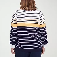 Alfred Dunner Block Island Womens 3/4 Sleeve Striped Layered Sweater Plus