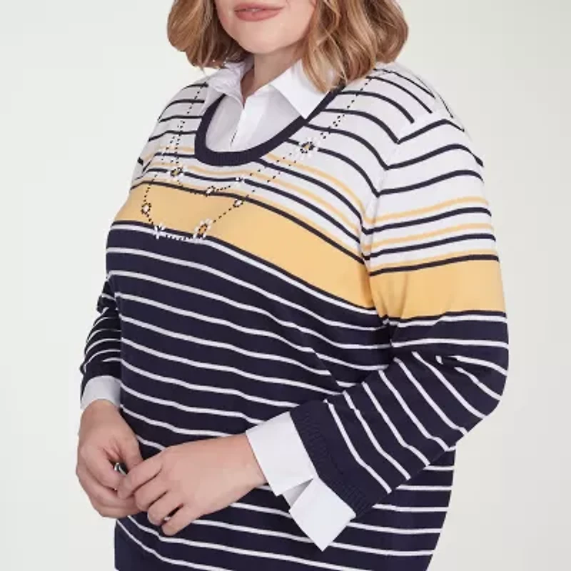Alfred Dunner Block Island Womens 3/4 Sleeve Striped Layered Sweater Plus