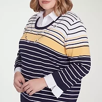 Alfred Dunner Block Island Womens 3/4 Sleeve Striped Layered Sweater Plus