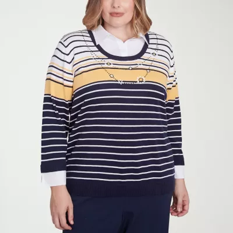 Alfred Dunner Block Island Womens 3/4 Sleeve Striped Layered Sweater Plus