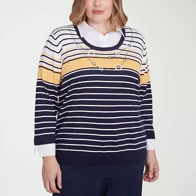 Alfred Dunner Block Island Womens 3/4 Sleeve Striped Layered Sweater Plus