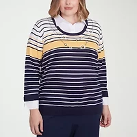 Alfred Dunner Block Island Womens 3/4 Sleeve Striped Layered Sweater Plus