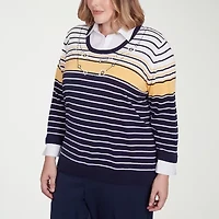 Alfred Dunner Block Island Womens 3/4 Sleeve Striped Layered Sweater Plus