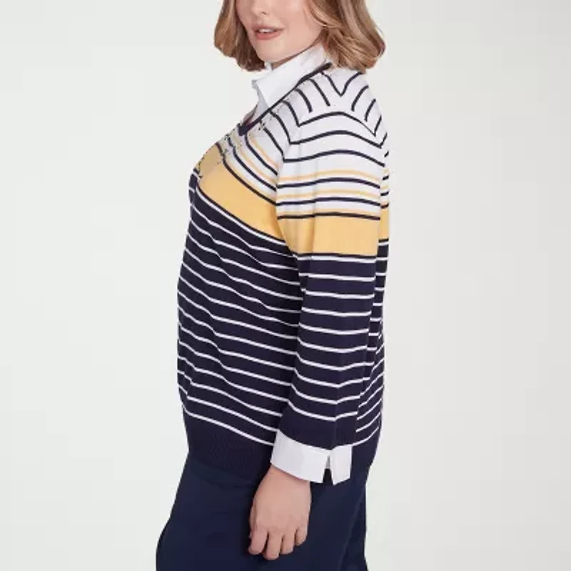 Alfred Dunner Block Island Womens 3/4 Sleeve Striped Layered Sweater Plus