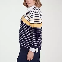 Alfred Dunner Block Island Womens 3/4 Sleeve Striped Layered Sweater Plus