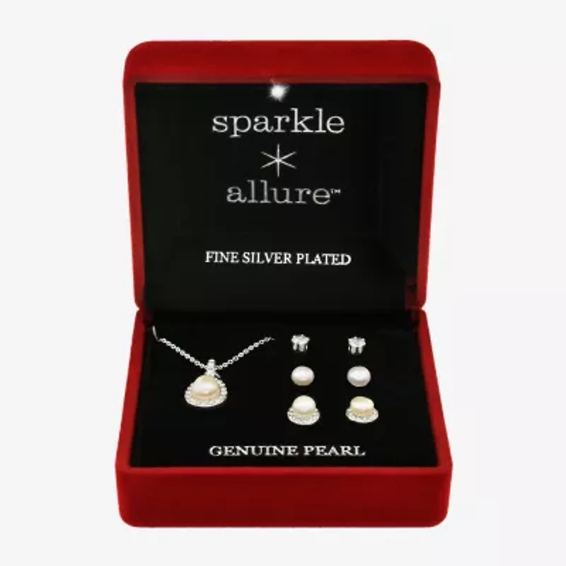 Sparkle Allure Womens Cubic Zirconia Cultured Freshwater Pearl Pure Silver Over Brass 4-pc. Jewelry Set