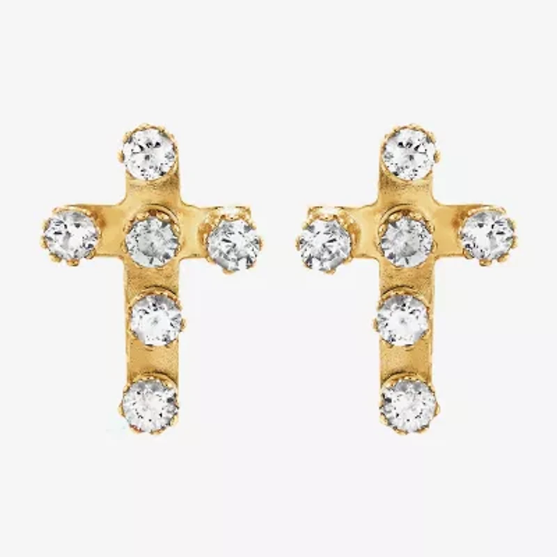 Limited Quantities! White Cubic Zirconia 10K Gold 9.4mm Cross Stud Earrings