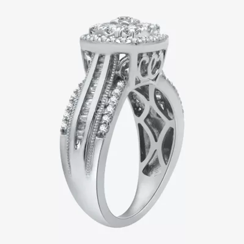 Womens 1 CT.T.W. Natural Diamond 10K Gold Cushion Side Stone Halo Engagement Ring