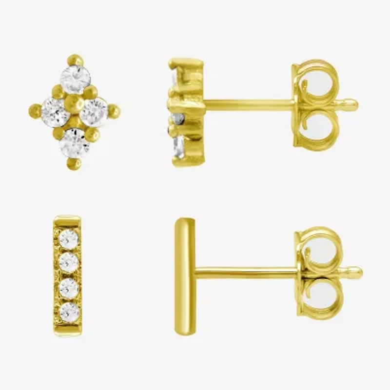 Itsy Bitsy 14k Gold Over Silver Womens Cubic Zirconia 14K Gold Over Silver Diamond Hypoallergenic 2 Pair Earring Set